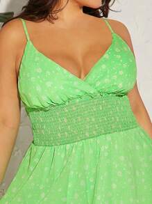 大碼小碎花腰部打褶吊帶連衣裙 - 綠色 - 查看 5