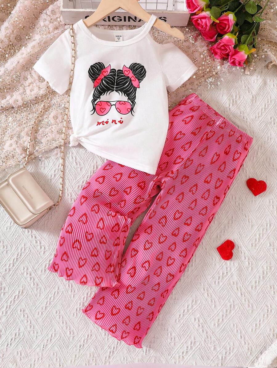 小女童人像圖案T恤&愛心圖案長褲套裝 - 彩色 - 查看 1