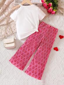 小女童人像圖案T恤&愛心圖案長褲套裝 - 彩色 - 查看 2