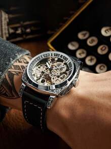 FENSIR 1pc Black PU Polyurethane Strap Business Water Resistant Tourbillon Round Pointer Mechanical Watch, For Daily Life - Black - View 1