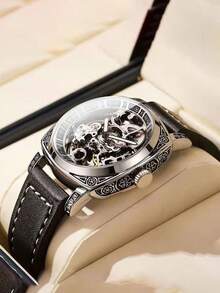 FENSIR 1pc Black PU Polyurethane Strap Business Water Resistant Tourbillon Round Pointer Mechanical Watch, For Daily Life - Black - View 2