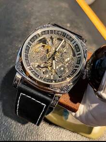 FENSIR 1pc Black PU Polyurethane Strap Business Water Resistant Tourbillon Round Pointer Mechanical Watch, For Daily Life - Black - View 4