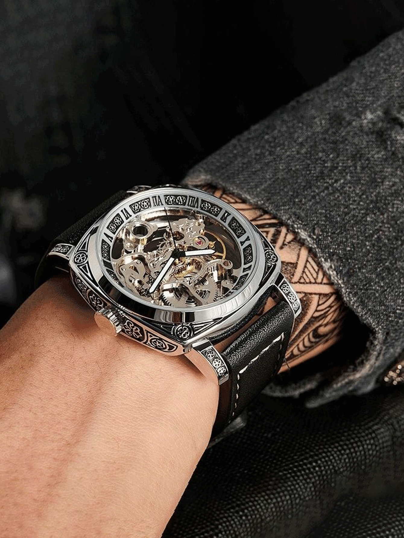 FENSIR 1pc Black PU Polyurethane Strap Business Water Resistant Tourbillon Round Pointer Mechanical Watch, For Daily Life - Black - View 5