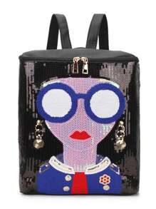 Waterproof,Lightweight,Portable Lady Face Sequin Ladies Backpack - Black - View 1