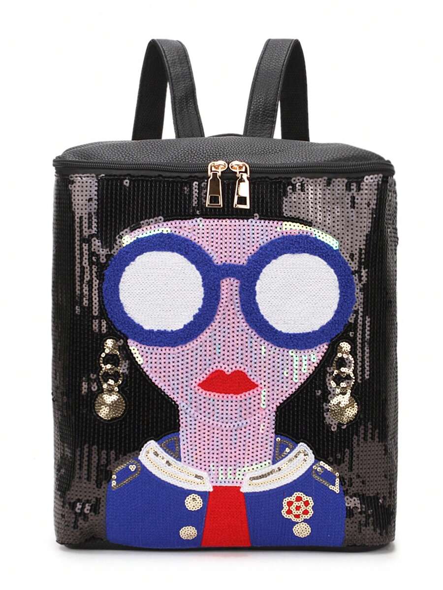 Waterproof,Lightweight,Portable Lady Face Sequin Ladies Backpack - Black - View 1