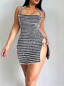 Vestido asimétrico de mujer a rayas en blanco y negro, apto para Año Nuevo, Día de San Valentín, tops festivos, top con corpiño - Blanco y Negro - Ver 1