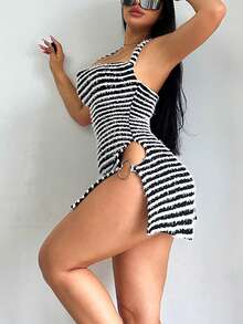 Vestido asimétrico de mujer a rayas en blanco y negro, apto para Año Nuevo, Día de San Valentín, tops festivos, top con corpiño - Blanco y Negro - Ver 3