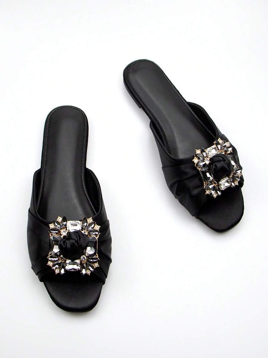 Glamorous Slide Sandals For Women, Satin Rhinestone Decor Knot Detail Single Band Flat Sandals Valentines,Spring Summer Outfits