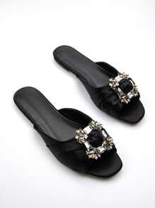 Glamorous Slide Sandals For Women, Satin Rhinestone Decor Knot Detail Single Band Flat Sandals Valentines,Spring Summer Outfits - Black - View 3