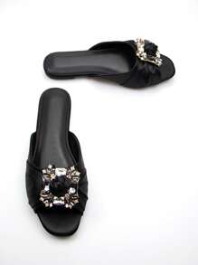 Glamorous Slide Sandals For Women, Satin Rhinestone Decor Knot Detail Single Band Flat Sandals Valentines,Spring Summer Outfits - Black - View 4