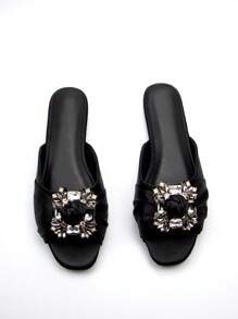 Glamorous Slide Sandals For Women, Satin Rhinestone Decor Knot Detail Single Band Flat Sandals Valentines,Spring Summer Outfits - Black - View 5