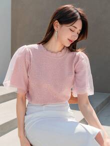 DAZY Solid Puff Sleeve Knit Top - Pink - View 5