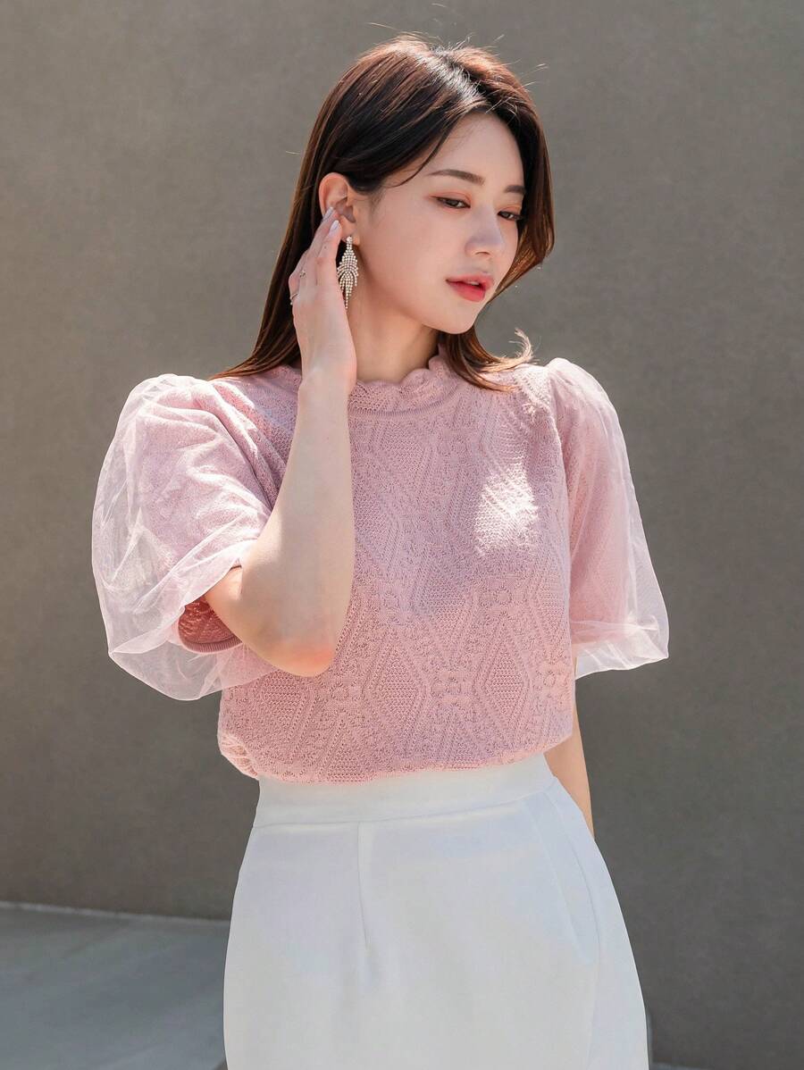 DAZY Solid Puff Sleeve Knit Top - Pink - View 1