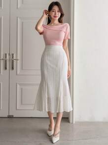 DAZY 高腰鱼尾裙，荷叶边 - 米色 - 查看 9