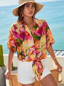 SHEIN VCAY Floral Print Knot Hem Shirt - Multicolor - View 1