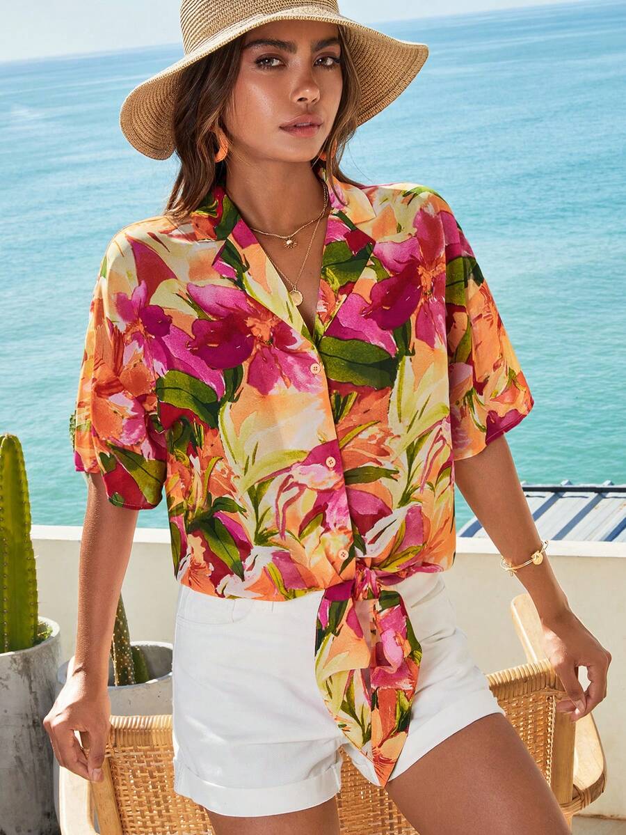 SHEIN VCAY Floral Print Knot Hem Shirt - Multicolor - View 1