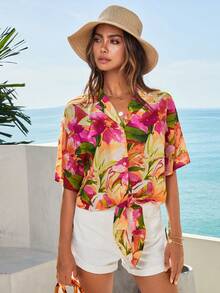 SHEIN VCAY Floral Print Knot Hem Shirt - Multicolor - View 3