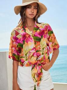 SHEIN VCAY Floral Print Knot Hem Shirt - Multicolor - View 5