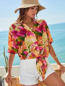 SHEIN VCAY Floral Print Knot Hem Shirt - Multicolor - View 6
