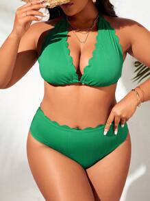 SHEIN Plus Size Scallop Trim Halter Bikini Set Summer Beach - Green - View 1