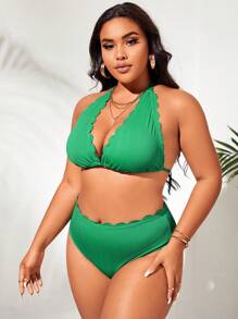 SHEIN Plus Size Scallop Trim Halter Bikini Set Summer Beach - Green - View 4