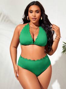 SHEIN Plus Size Scallop Trim Halter Bikini Set Summer Beach - Green - View 5