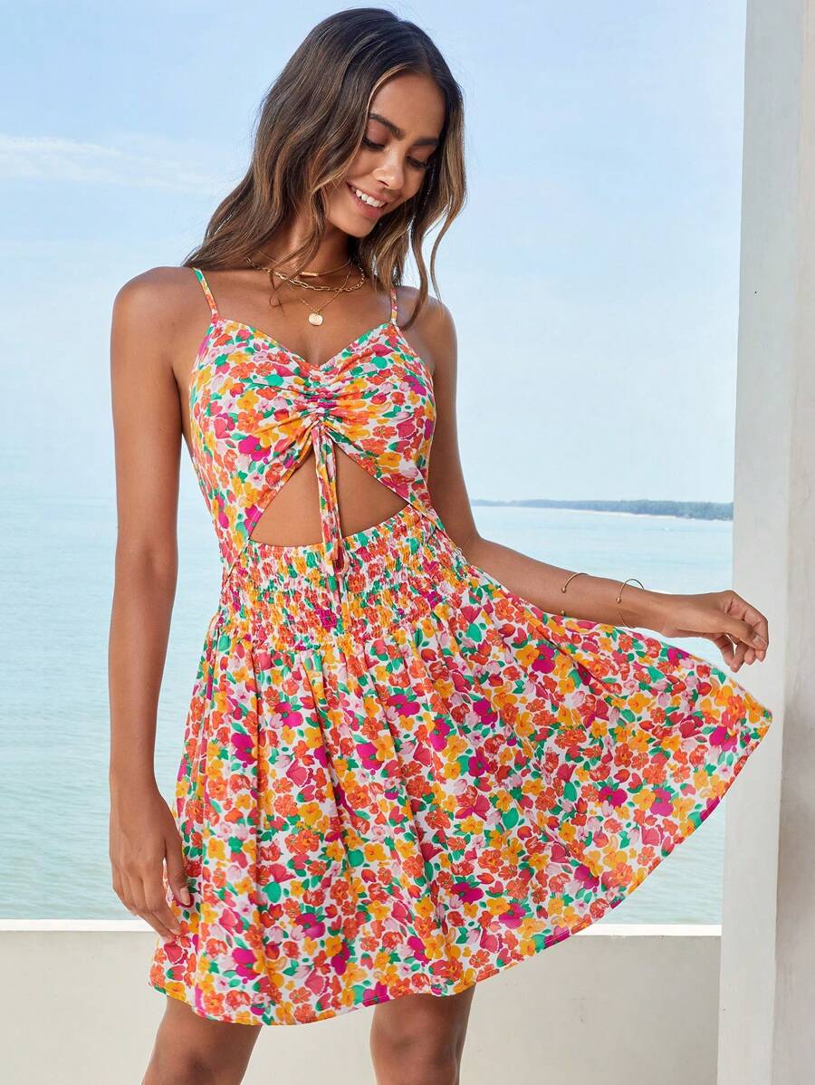 Soleia Allover Floral Print Drawstring Cut Out Cami Dress - Multicolor - View 1