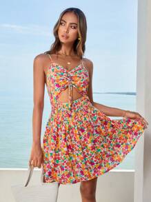 Soleia Allover Floral Print Drawstring Cut Out Cami Dress - Multicolor - View 3