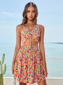 Soleia Allover Floral Print Drawstring Cut Out Cami Dress - Multicolor - View 4