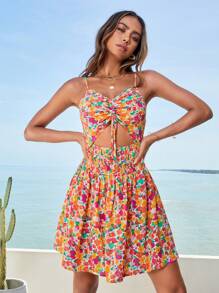 Soleia Allover Floral Print Drawstring Cut Out Cami Dress - Multicolor - View 5