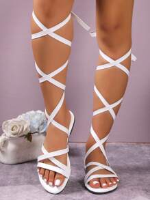 度假綁帶涼鞋適用於腿部繫帶設計平底涼鞋 - 白色 - 查看 2