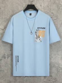 Manfinity Homme Lỏng lẻo phù hợp Nam Đồ họa Khẩu hiệu Áo thun - Màu xanh nhạt - Xem 2