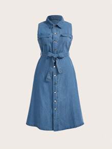 SHEIN Privé Plus Flap Detail Belted Denim Dress - Medium Wash - View 1