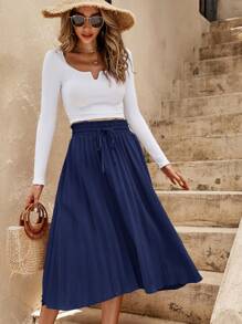 SHEIN Clasi Váy nữ Dây kéo Xếp li màu trơn Giải trí - Màu xanh bụi bặm - Xem 5