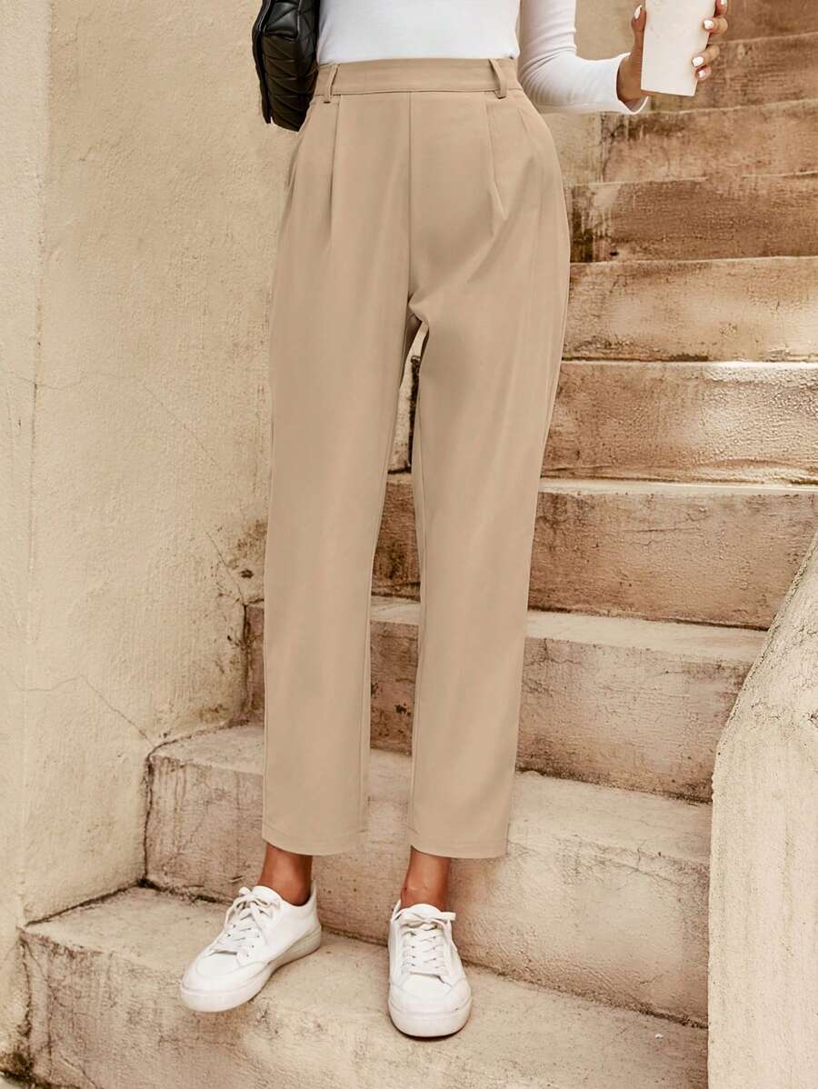 SHEIN Frenchy 素色褶皺長褲 - 杏色 - 查看 1