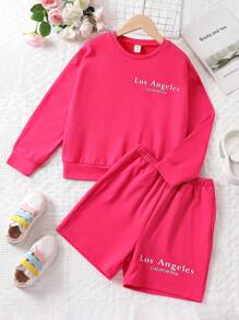 SHEIN 女孩字母圖案落肩袖運動衫和短褲 - 玫紅色 - 查看 1
