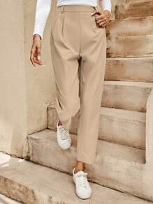 SHEIN Frenchy 素色褶皺長褲 - 杏色 - 查看 3