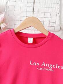 SHEIN 女孩字母圖案落肩袖運動衫和短褲 - 玫紅色 - 查看 5