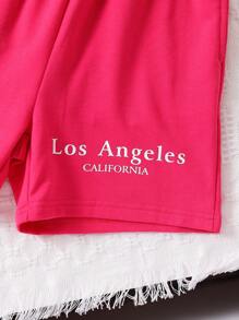 SHEIN 女孩字母圖案落肩袖運動衫和短褲 - 玫紅色 - 查看 6