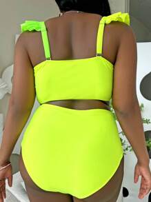 SHEIN Slayr Summer Beach Plus Size Neon Lime Ruffle Trim Ruched Tankini - Lime Green - View 2