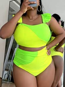 SHEIN Slayr Summer Beach Plus Size Neon Lime Ruffle Trim Ruched Tankini - Lime Green - View 3