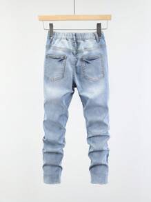 中學生男孩破洞磨邊漂白牛仔褲 - 淺色水洗藍 - 查看 2