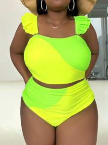 SHEIN Slayr Summer Beach Plus Size Neon Lime Ruffle Trim Ruched Tankini - Lime Green - View 5