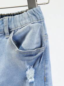 中學生男孩破洞磨邊漂白牛仔褲 - 淺色水洗藍 - 查看 4