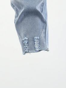 中學生男孩破洞磨邊漂白牛仔褲 - 淺色水洗藍 - 查看 7