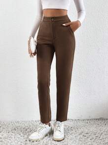 SHEIN Essnce 素色斜口袋九分長褲 - 咖啡棕 - 查看 5