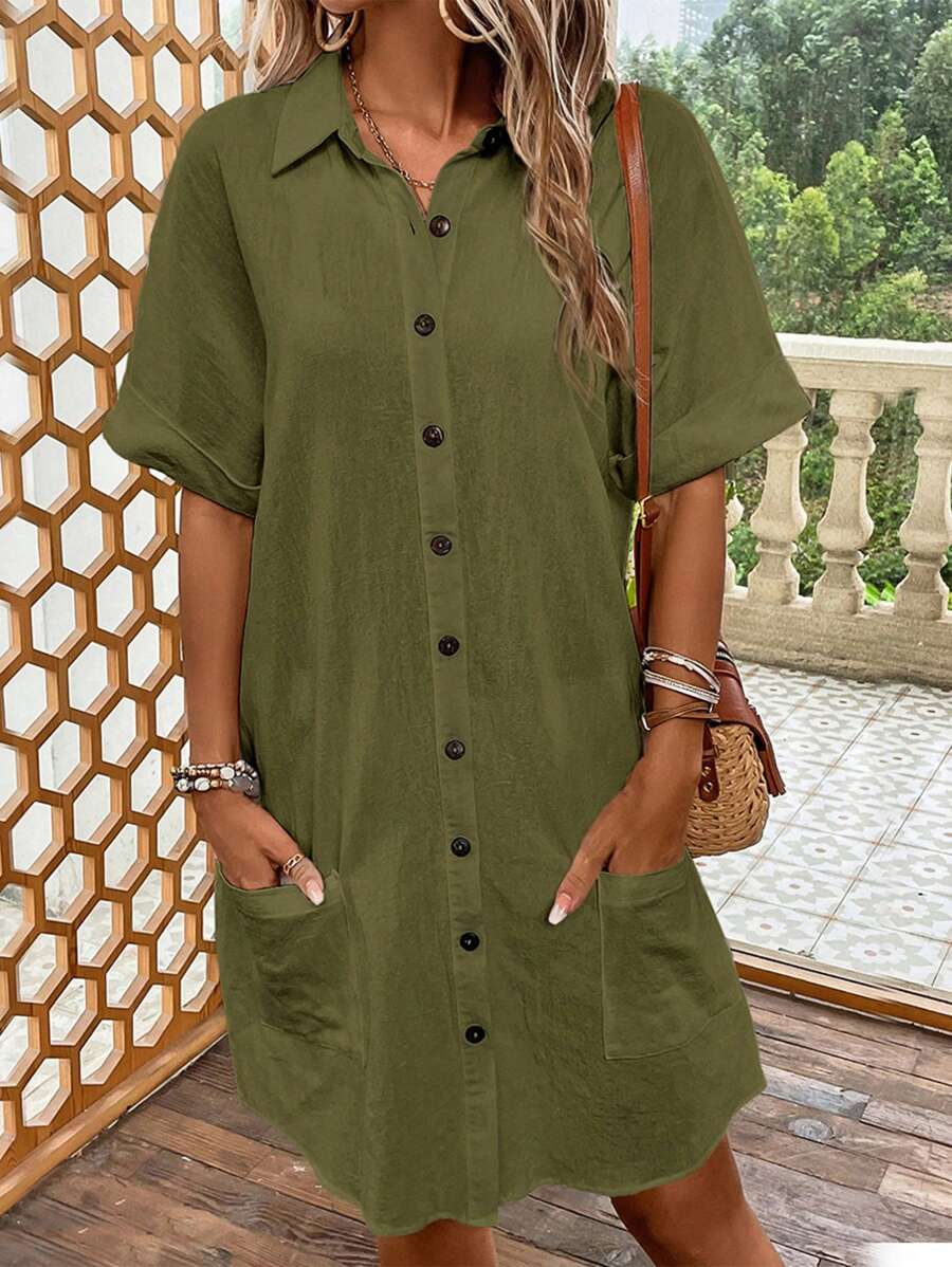 SHEIN LUNE Đầm Túi Nút phía trước màu trơn Giải trí - xanh quân đội - Xem 1