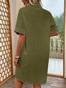 SHEIN LUNE Đầm Túi Nút phía trước màu trơn Giải trí - xanh quân đội - Xem 2