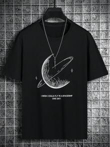 Claim Dot 男士T恤合身圓領下垂肩短袖圖形T恤地球休閒日系時尚夏季聚酯纖維 - 黑色 - 查看 3