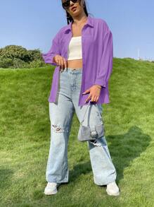 SHEIN EZwear 大碼素色落肩袖襯衫 - 紫丁香色 - 查看 3